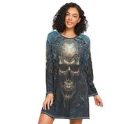 Linnyio Teschio Demone Blu Camicie da Notte da Donna Pigiami A Maniche Lunghe Morbide Camicie da Notte Abbigliamento da Notte