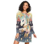 Linnyio Unicorno Carino Che Suona Il Pianoforte Camicie da Notte da Donna Pigiami A Maniche Lunghe Morbide Camicie da Notte Abbigliamento da Notte