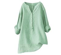 Lino 2025 Camicie da Donna Button Down Alto Basso Primavera Top in Cotone Asimmetrico Estate Casual Abito carino Manica 3/4 Manica arrotolata Western Club Vestiti Collo Stand Collo a V Solido, Verde,