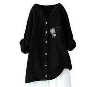 Lino 2026 Camicie da donna Casual Button Down Summer Cotton Tops Boho Primavera Oversize Tunica carina Manica 3/4 Tinta unita Fluido Abito Western Scollo a V Manica Lunga Garza Dolman Manica, Nero , S