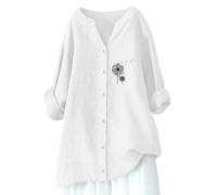 Lino 2026 Camicie da donna Casual Button Down Summer Cotton Tops Boho Primavera Oversize Tunica carina Manica 3/4 Tinta unita Fluido Abito Western Scollo a V Manica Lunga Garza Dolman Manica, bianco
