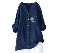 Lino 2026 Camicie da donna Casual Button Down Summer Cotton Tops Boho Primavera Oversize Tunica carina Manica 3/4 Tinta unita Fluido Abito Western Scollo a V Manica Lunga Garza Dolman Manica, Marina
