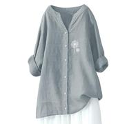 Lino 2026 Camicie da donna Casual Button Down Summer Cotton Tops Boho Primavera Oversize Tunica carina Manica 3/4 Tinta unita Fluido Abito Western Scollo a V Manica Lunga Garza Dolman Manica, Grigio