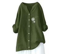 Lino 2026 Camicie da donna Casual Button Down Summer Cotton Tops Boho Primavera Oversize Tunica carina Manica 3/4 Tinta unita Fluido Abito Western Scollo a V Manica Lunga Garza Dolman Manica, Verde