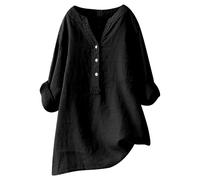 Lino 2026 Camicie da Donna Manica Lunga 3/4 Manica Garza Top Estivi Largo Oversize Flowy Peplo Crinkle Garza Plus Size Button Down Spring Club Solido Stand Collar Cotone Trasparente, Nero , XL