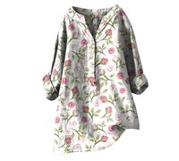 Lino 2026 Top da donna Autunno Button Down Camicie estive in cotone ricamato Primavera Casual Club Gonne a 3/4 Manica Lunga Festa Abbigliamento Western Comodo Scollo a V Garza grafica, bianco, 3XL