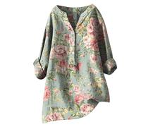 Lino 2026 Top da donna Autunno Button Down Camicie estive in cotone ricamato Primavera Casual Club Gonne a 3/4 Manica Lunga Festa Abbigliamento Western Comodo Scollo a V Garza grafica, Verde, 3XL