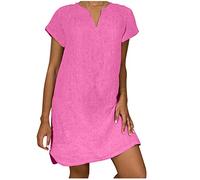 Lino Abito da Donna Estivo Vendita, Vestito Donna Estivo in Lino di Cotone, Scollo a V Bohémien Mini Abito a Maniche Corte Vestiti Elegante Casual Vestitini Leggera Traspirante Abiti per Mare Spiaggia