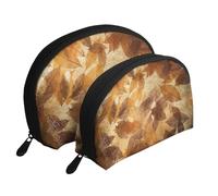 Lino autunnale marrone beige con foglie dorate, Borsa per trucco a conchiglia Portamonete da donna Borsa da toilette piccola Borsa per cosmetici 2 pezzi