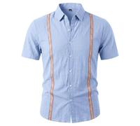Lino Uomo Elegante, Camicia a Maniche Corte per L'Estate Casual, con Cintura in Maglia, Patchwork, Colletto Aperto e Stile Etnico Leggero.