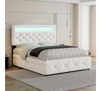 LinoraFurn 140 x 200 cm (90 x 190 cm), letto imbottito, letto matrimoniale, pode, letto imbottito con letto estraibile e 2 cassetti, comodino con barra luminosa (bianco)