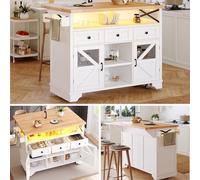 LinoraFurn Carrello da cucina multifunzione con app LED e tavolo pieghevole; isola da cucina mobile, bar, credenza con spazio di archiviazione; carrello da portata arrotolabile con tre cassetti e due