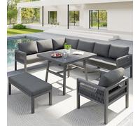 LinoraFurn Divano da giardino a forma di L intrecciato a mano, per un massimo di 8 persone/robusto telaio in ferro con imbottitura grigia/include 1 tavolo con piano in vetro marmo e 2 poltrone per