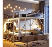 LinoraFurn Letto a castello, 140 x 200 cm, telaio in ferro, 2 cassetti, più ripiani, con striscia luminosa a LED, con asta appendiabiti, materasso non incluso (bianco, 140 x 200 cm)