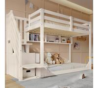 LinoraFurn Letto a castello per bambini, 90 x 200 cm, bianco, con armadietto per scale e ripostiglio, in legno, salvaspazio, per fratelli, con ringhiere di sicurezza e ripiani, senza materasso (bianco