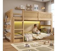 LinoraFurn Letto a soppalco a castello, letto per bambini, scala a tre gradini, con ripiano e barra luminosa a LED, recinzione su tutti i lati, pino + MDF + intreccio sintetico, naturale + bianco, 90