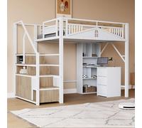 LinoraFurn Letto a soppalco in metallo, 140 x 200 cm, alloggiamento di sicurezza unico con finestra, scala di sicurezza con armadietto (bianco)