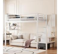 LinoraFurn Letto a soppalco, ripiani, scala di stoccaggio, spazio libero sotto il letto, per rivestimento, ringhiere, senza materasso (bianco, 90 x 200 cm)