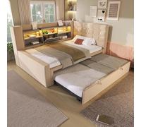 LinoraFurn Letto imbottito 90 x 200 cm con letto estraibile 90 x 190 cm e illuminazione a LED, testiera a forma di L con vano portaoggetti, montaggio su entrambi i lati, rete a doghe, lino, beige