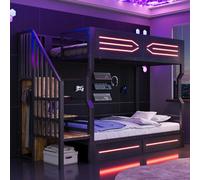 LinoraFurn Letto in ferro da 90 x 200 cm, con vano portaoggetti e piccola scala in stile armadio, con illuminazione a LED, ringhiera alta, letto a castello, letto per ragazzi, letto a soppalco (nero A