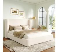 LinoraFurn Letto matrimoniale, funzionale idraulico, letto con rete a doghe, testiera e grande capienza, testiera imbottita, beige bouclé (160 x 200 cm)