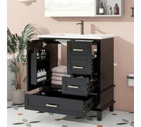 LinoraFurn Semplice armadio da bagno, completamente verniciato, scaffale per porta, tre cassetti silenziosi, ripiani regolabili, lavabo in ceramica integrato (nero, 76 x 46 x 83,5 cm)