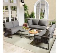 LinoraFurn Set di mobili da giardino per 6-7 persone, divano ad angolo con struttura in ferro zincato, gambe regolabili, inclusi tutti i cuscini per seduta e schiena, grigio (grigio)