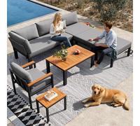 LinoraFurn Set di seduta modulare per esterni con combinazione libera, robusto telaio in metallo, cuscino traspirante e tavoli in legno, per terrazza, balcone, piscina, grigio