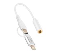 LinQ Adattatore audio Jack 3,5mm femmina a Lightning e USB C maschio, Bianco