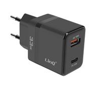 LinQ, Caricabatterie da muro USB-C 33 W + USB 18W carica rapida compatto, Nero
