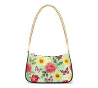 linqin Borsa a tracolla con catena da donna con tasca per la privacy con cerniera | Arte con rose rosse, tessuto in poliestere, decorazione a catena in oro massiccio, viaggi nel fine settimana