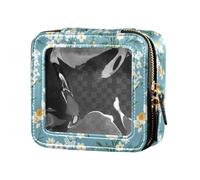 linqin Borsa per il trucco trasparente blu chiaro con fiori e bianchi per borsa da toilette organizer per trucco per le donne, FIORE e bianchi Azzurro, 1 size