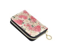 linqin Hot Blush White Florals Porta carte compatto con cerniera per viaggio essenziale multifunzionale in pelle vegana 2 tasche portamonete