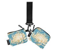 linqin Portamonete da donna bianco crisantemo ciano, porta carte d'identità di grande capacità, con cinturino da polso, per lavoro, viaggi, 2 pezzi, Crisantemo bianco, 1 size