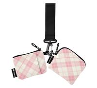 linqin Portamonete da donna in tartan bianco e rosa, piccolo porta carte d'identità portatile, con cinturino da polso, per donne e uomini, confezione da 2, Tartan bianco e rosa, 1 size