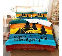 LinQton Happy Camping - Set di biancheria da letto con copripiumino 3D a forma di auto camper con stampa floreale, 3 pezzi, in morbida microfibra, decorazione per casale verde, trapuntato, per