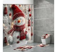 LinQton Set di 4 tende da doccia natalizie con tappeti da bagno antiscivolo, copertura per coperchio WC e tappetino per WC, tenda da doccia impermeabile rosa natalizia con 12 ganci per decorazioni