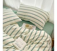 LinQton Set di biancheria da letto con copripiumino a righe, 100% cotone, stile semplice, a righe rosse e blu, 3/4 pezzi, con lenzuolo piatto, copripiumino di lusso da hotel (verde, matrimoniale XL