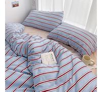 LinQton Set di biancheria da letto con copripiumino a righe, 100% cotone, stile semplice, a righe rosse e blu, 3/4 pezzi, con lenzuolo piatto, copripiumino di lusso da hotel (blu, matrimoniale XL, 200