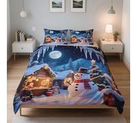 LinQton Set di biancheria da letto con copripiumino natalizio, 3 pezzi, motivo omino di pan di zenzero, in poliestere, con 2 federe, per letto a tema natalizio e invernale, decorazione per camera da