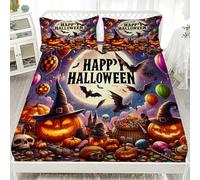 LinQton Set di lenzuola con angoli, in microfibra, motivo fantasma, zucca, gatto nero, pipistrello, set di biancheria da letto per Halloween, decorazione per la casa, regalo, con 2 federe (stile 5