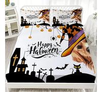 LinQton Set di lenzuola con angoli, in microfibra, motivo fantasma, zucca, gatto nero, pipistrello, set di biancheria da letto per Halloween, decorazione per la casa, regalo, con 2 federe (stile 1