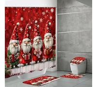 LinQton Set di tende da doccia natalizie, set da 4 pezzi, tenda da doccia impermeabile, copriwater, tappetino da bagno e tappeto contorno, decorazione antiscivolo per il bagno (fiocco di neve rosso