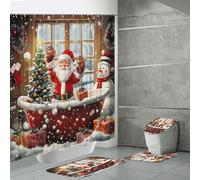 LinQton Set di tende da doccia natalizie, set da 4 pezzi, tenda da doccia impermeabile, copriwater, tappetino da bagno e tappeto contorno, decorazione antiscivolo per il bagno (fiocco di neve rosso