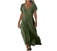 LinRim Abito estivo da donna, effetto lino, scollo a V, maniche corte, leggero, da spiaggia, oversize, per il tempo libero, per la spiaggia, le vacanze, per tutti i giorni, verde, 3XL