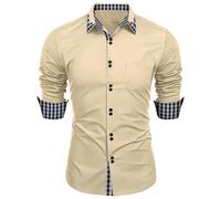 LinRim Camicia da uomo a maniche lunghe, slim fit, casual, con contrasto a quadri sul colletto, taglio interno e polsini, camicia con bottoni per tutti i giorni, attività all'aperto ed eventi, cachi