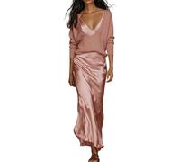 LinRim Elegante set da due pezzi da donna, maglia a maniche lunghe con maxi gonna in raso lucido, abbigliamento alla moda per il tempo libero per la città e le feste, Colore: rosa., 3XL