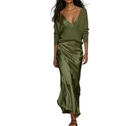 LinRim Elegante set da due pezzi da donna, maglia a maniche lunghe con maxi gonna in raso lucido, abbigliamento alla moda per il tempo libero per la città e le feste, verde, XS