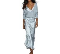 LinRim Elegante set da due pezzi da donna, maglia a maniche lunghe con maxi gonna in raso lucido, abbigliamento alla moda per il tempo libero per la città e le feste, Azzurro, 3XL