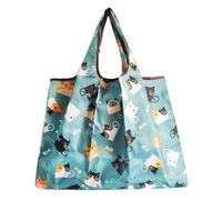 Lin's Liliana Borsa pieghevole grande, 50 x 66 cm, riutilizzabile, leggera, ad asciugatura rapida, resistente agli strappi, per la spesa, i viaggi, le escursioni, Gatto blu, 50 x 66 cm